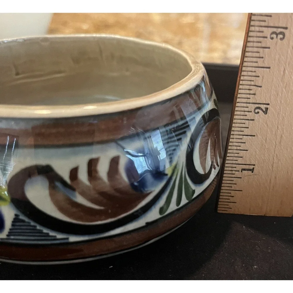 Cat/Small Dog Bowl Tonala Jalisco Mexico Floral Design Signed Handmade Pottery